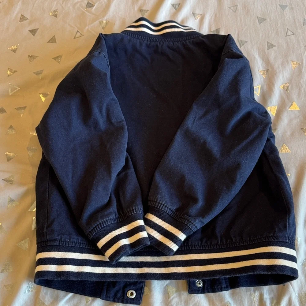 Kids Navy Letterman Jacket with Stripe Trim